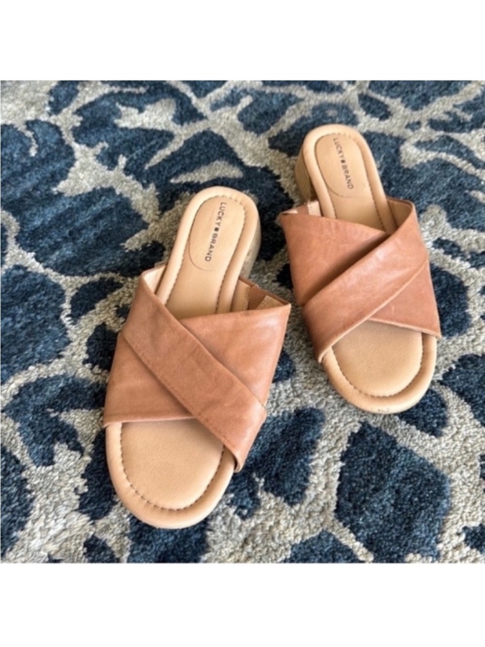 Lucky Leather Heeled Sandals/Slides Sz 8.5 Tan Crisscross